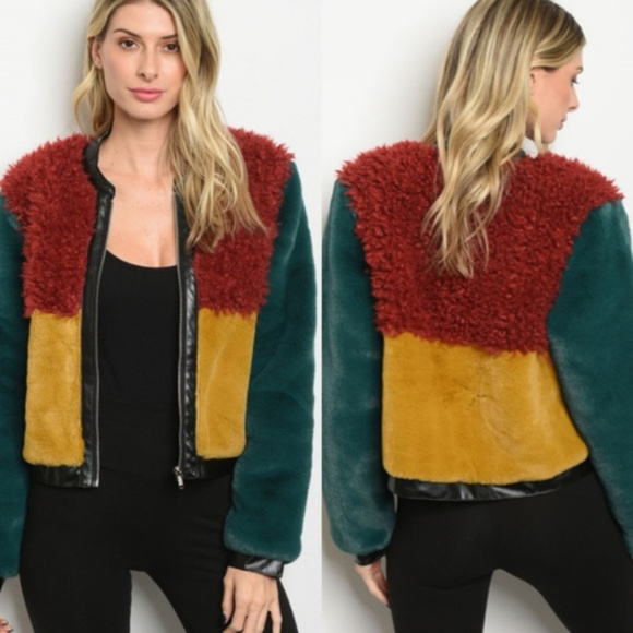 COLOR BLOCK FAUX FUR COAT RED, GREEN YELLOW - Picture 2 of 4
